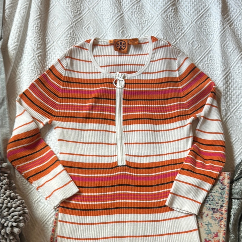 Tory Burch Orange and Pink Crew Neck Sweater with Stripes